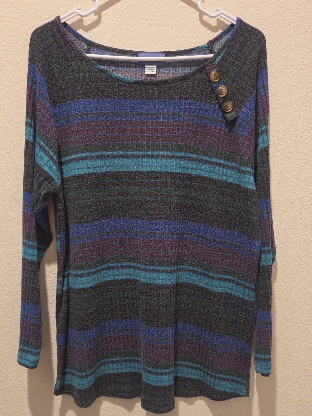 Laura Scott Striped Scoop Neck Sweater with Button Detail - Teal, Purple & Gray